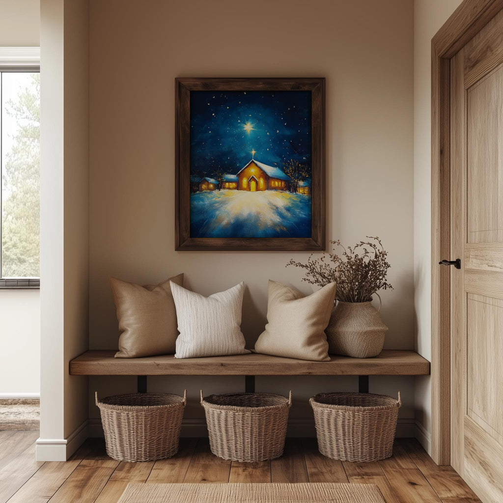 Country Church Christmas art print shown in a room setting