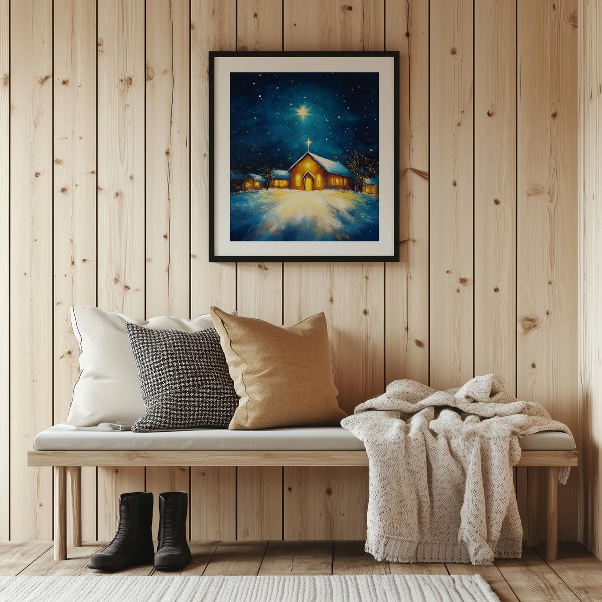 Country Church Christmas art print shown in a room setting