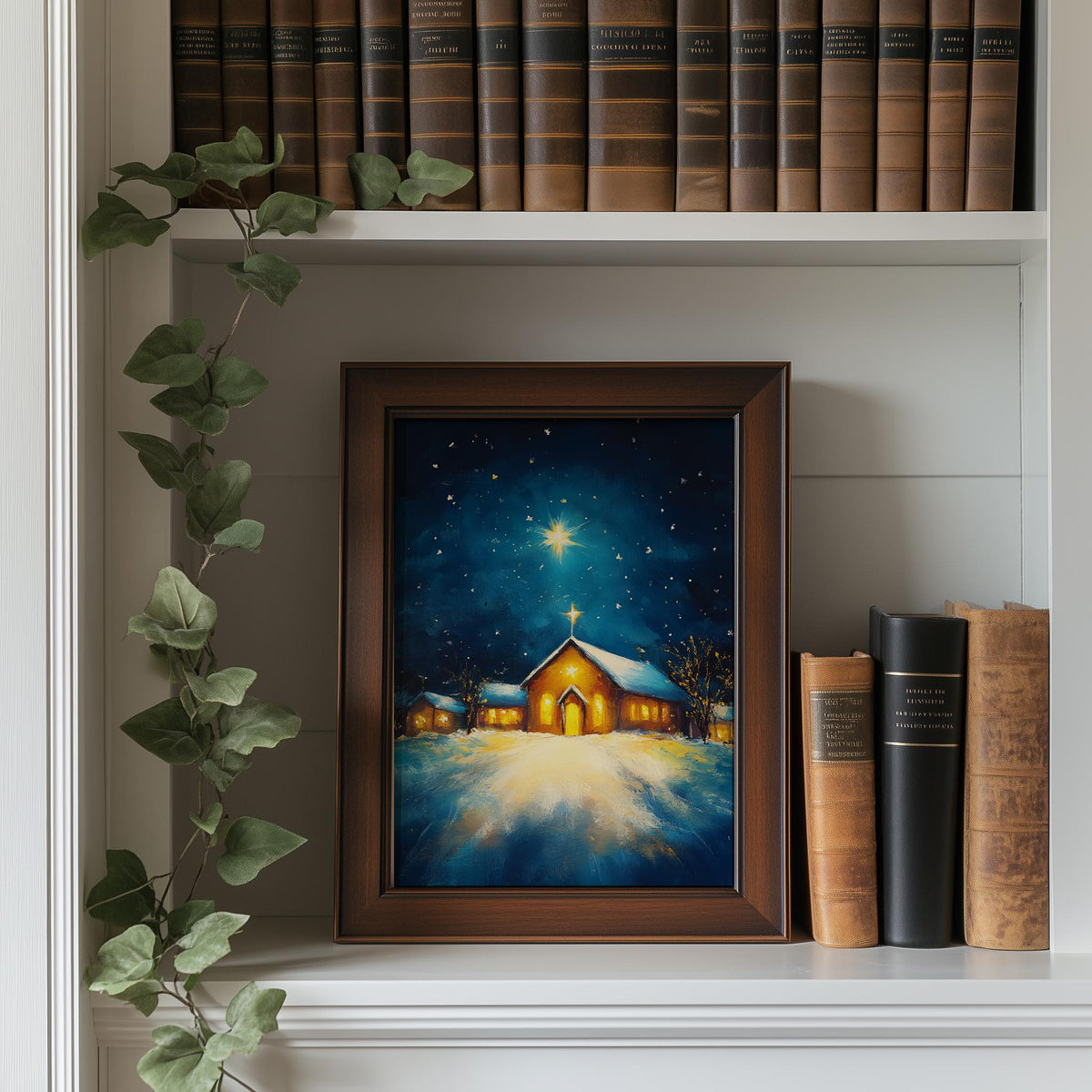Country Church Christmas art print shown in a room setting