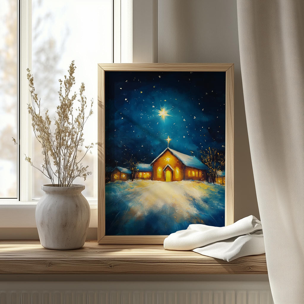 Country Church Christmas art print shown in a room setting
