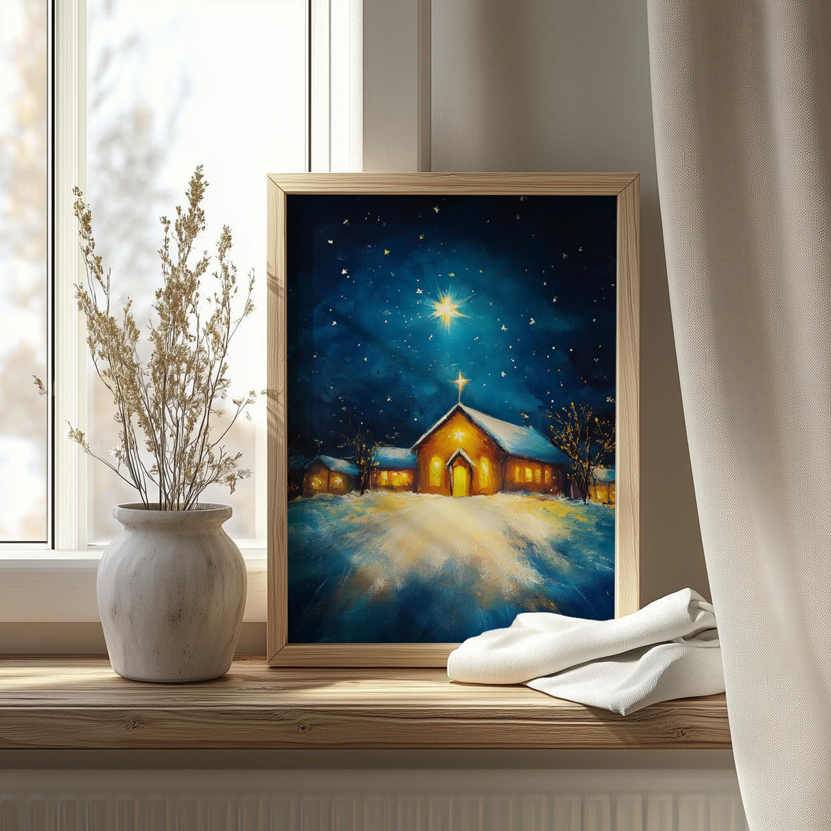 Country Church Christmas art print shown in a room setting
