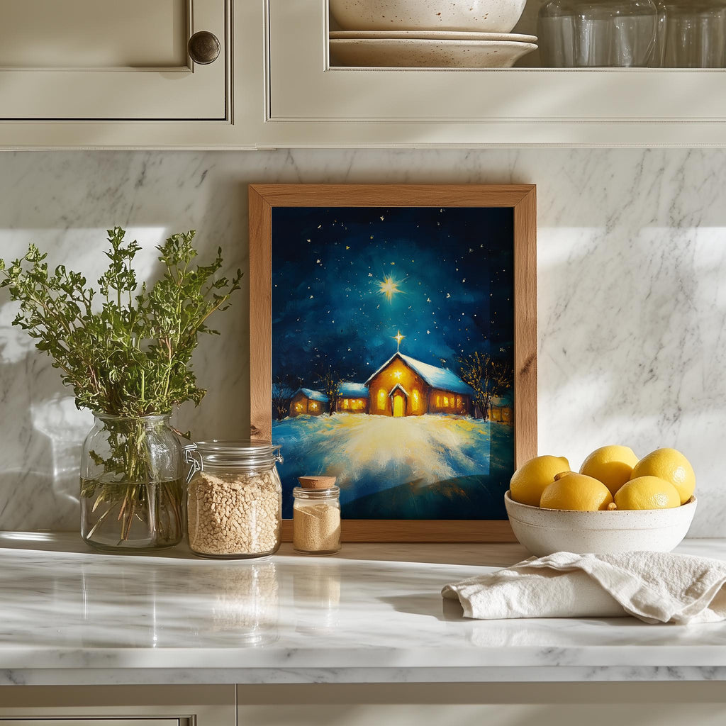Country Church Christmas art print shown in a room setting