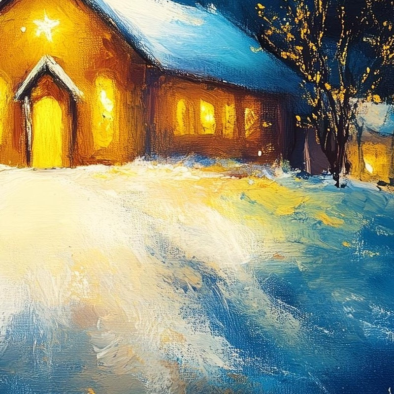 Country Church Christmas art print close-up detail
