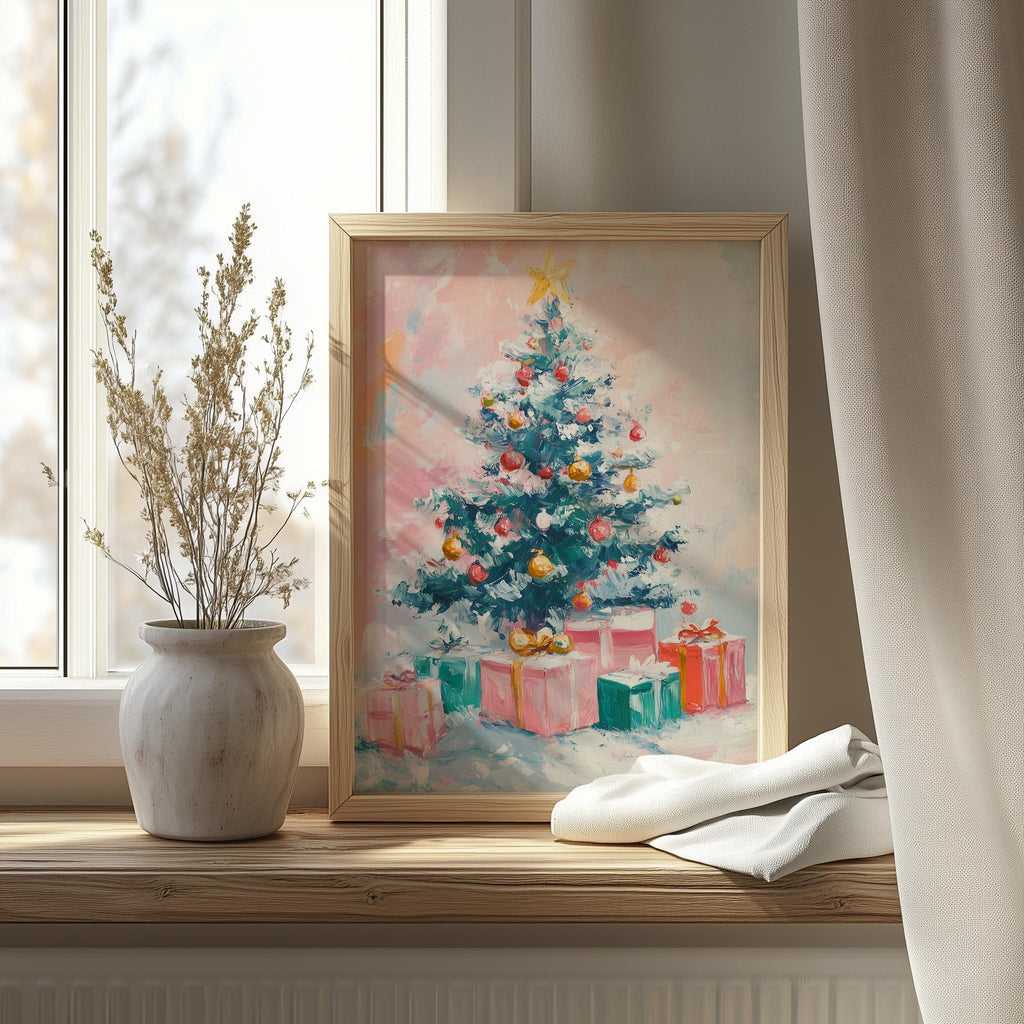 Pastel Tree Christmas art print shown in a room setting