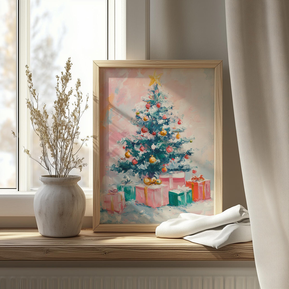 Pastel Tree Christmas art print shown in a room setting