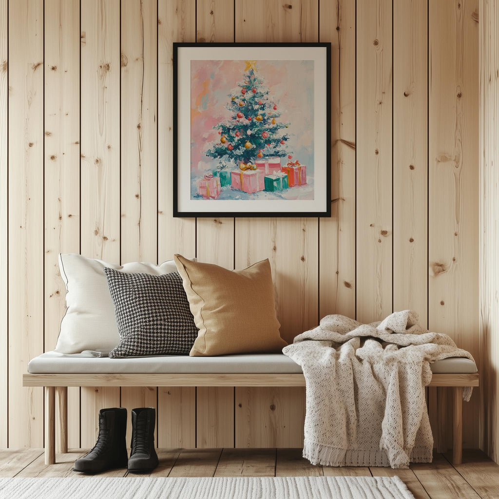 Pastel Tree Christmas art print shown in a room setting