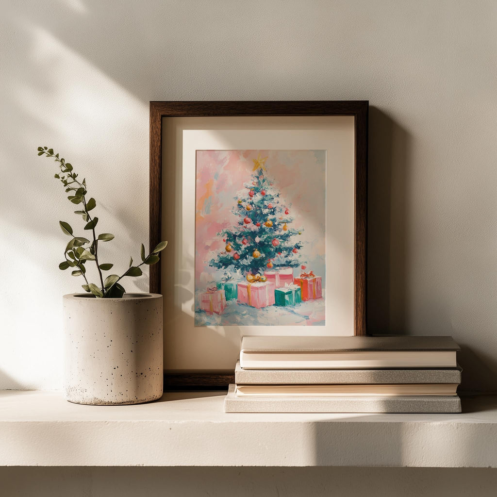 Pastel Tree Christmas art print shown in a room setting