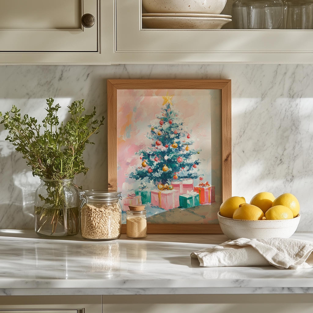 Pastel Tree Christmas art print shown in a room setting