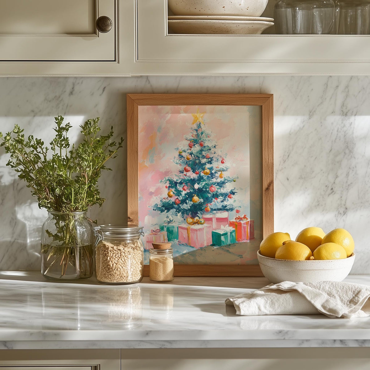 Pastel Tree Christmas art print shown in a room setting