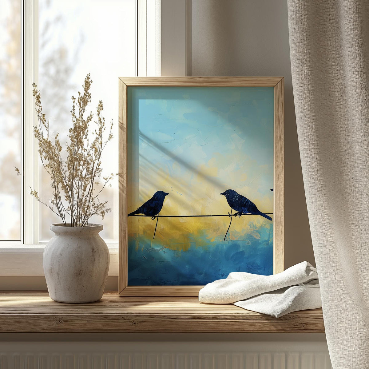 Birds on Wire animal art print shown in a room setting