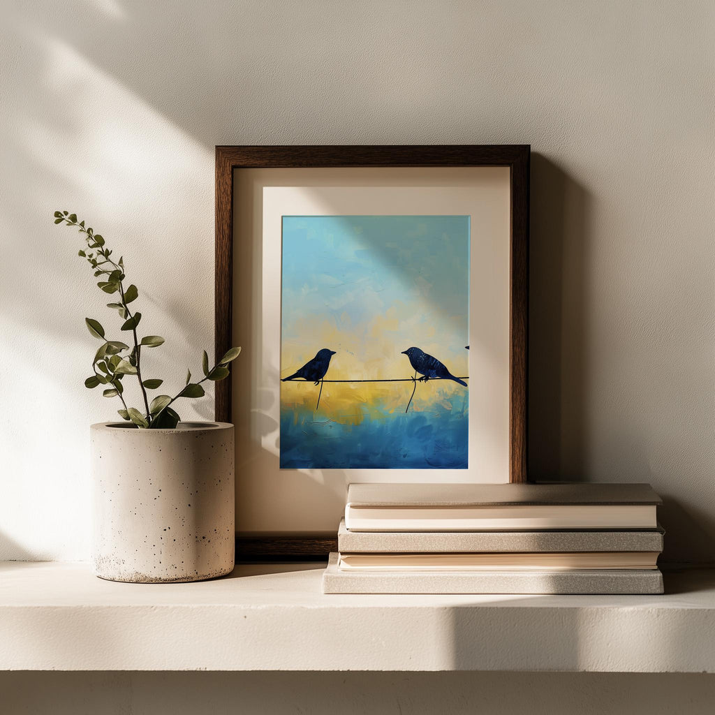Birds on Wire animal art print shown in a room setting