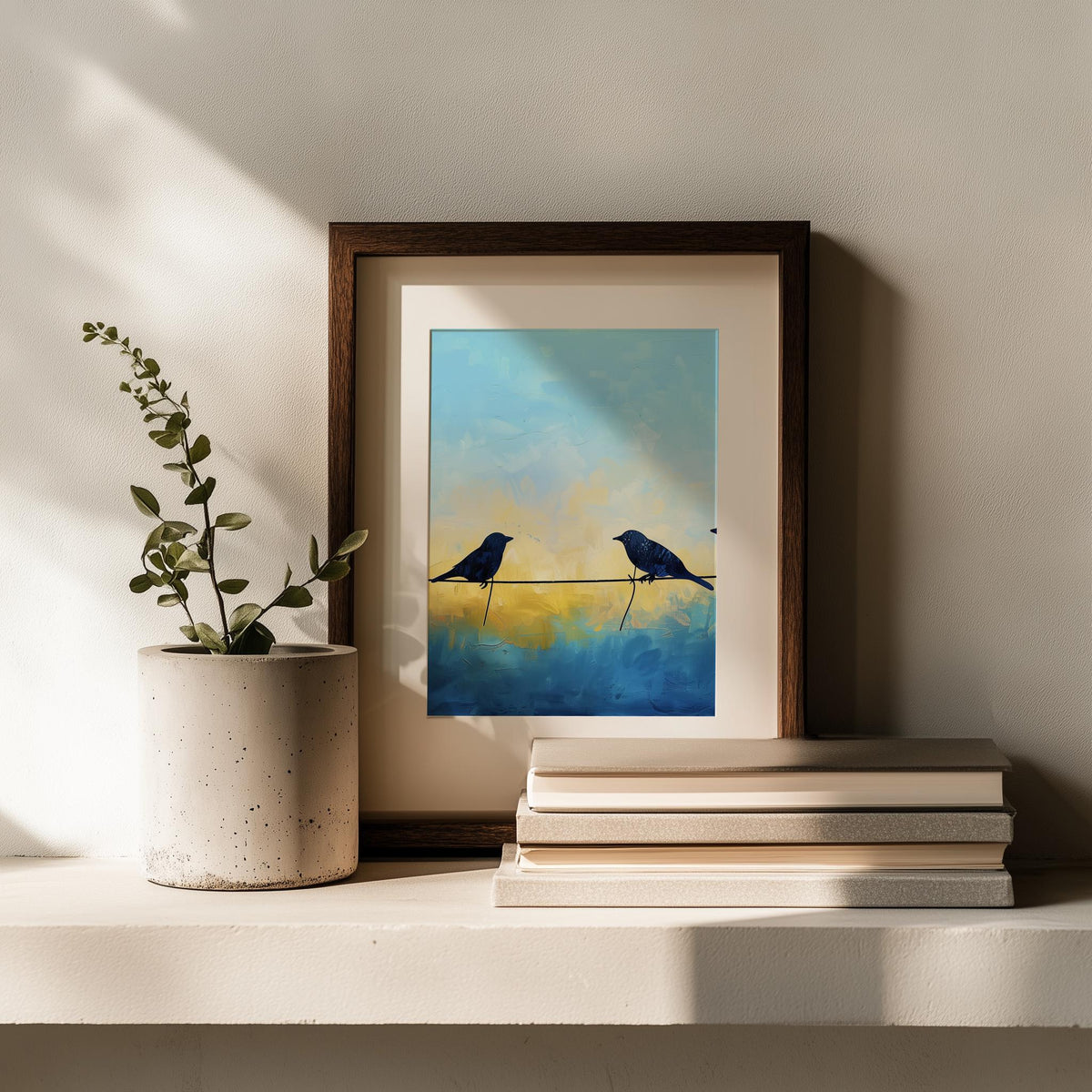 Birds on Wire animal art print shown in a room setting