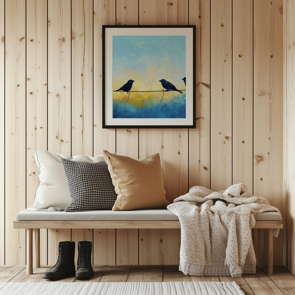 Birds on Wire animal art print shown in a room setting