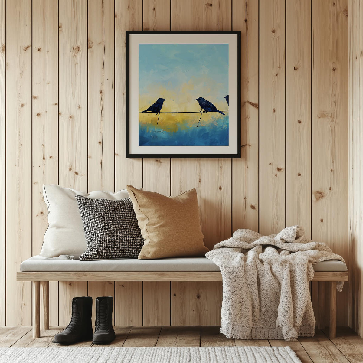 Birds on Wire animal art print shown in a room setting