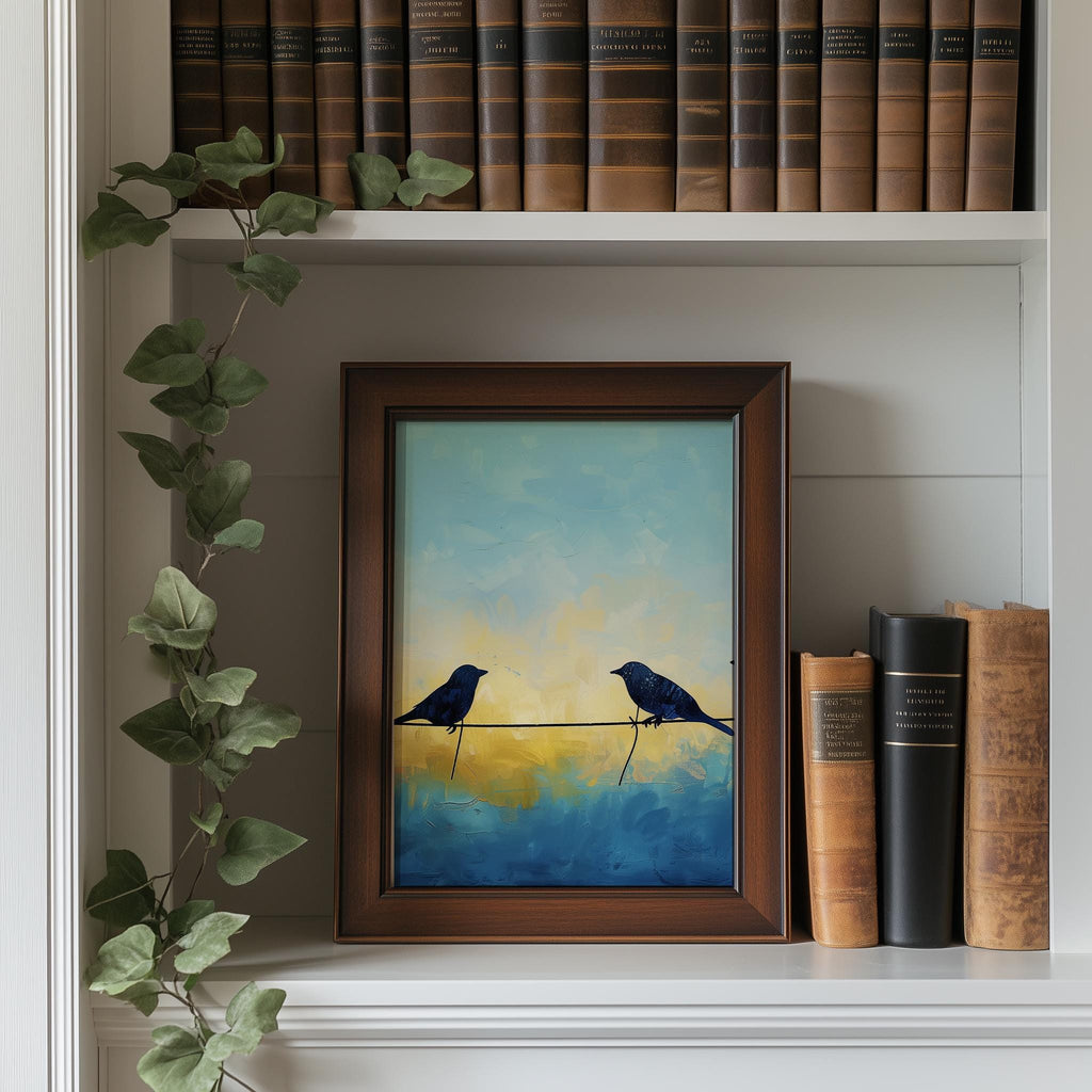 Birds on Wire animal art print shown in a room setting