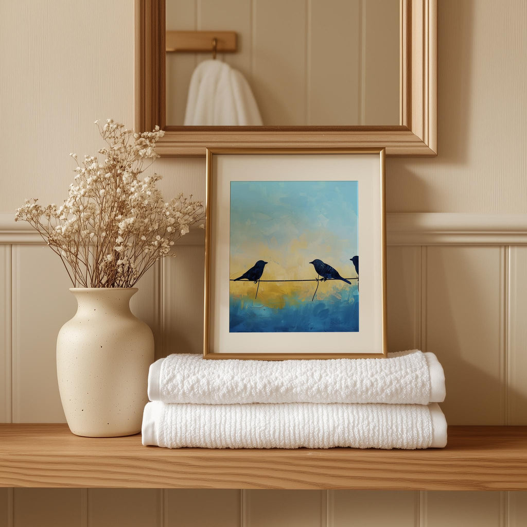 Birds on Wire animal art print shown in a room setting