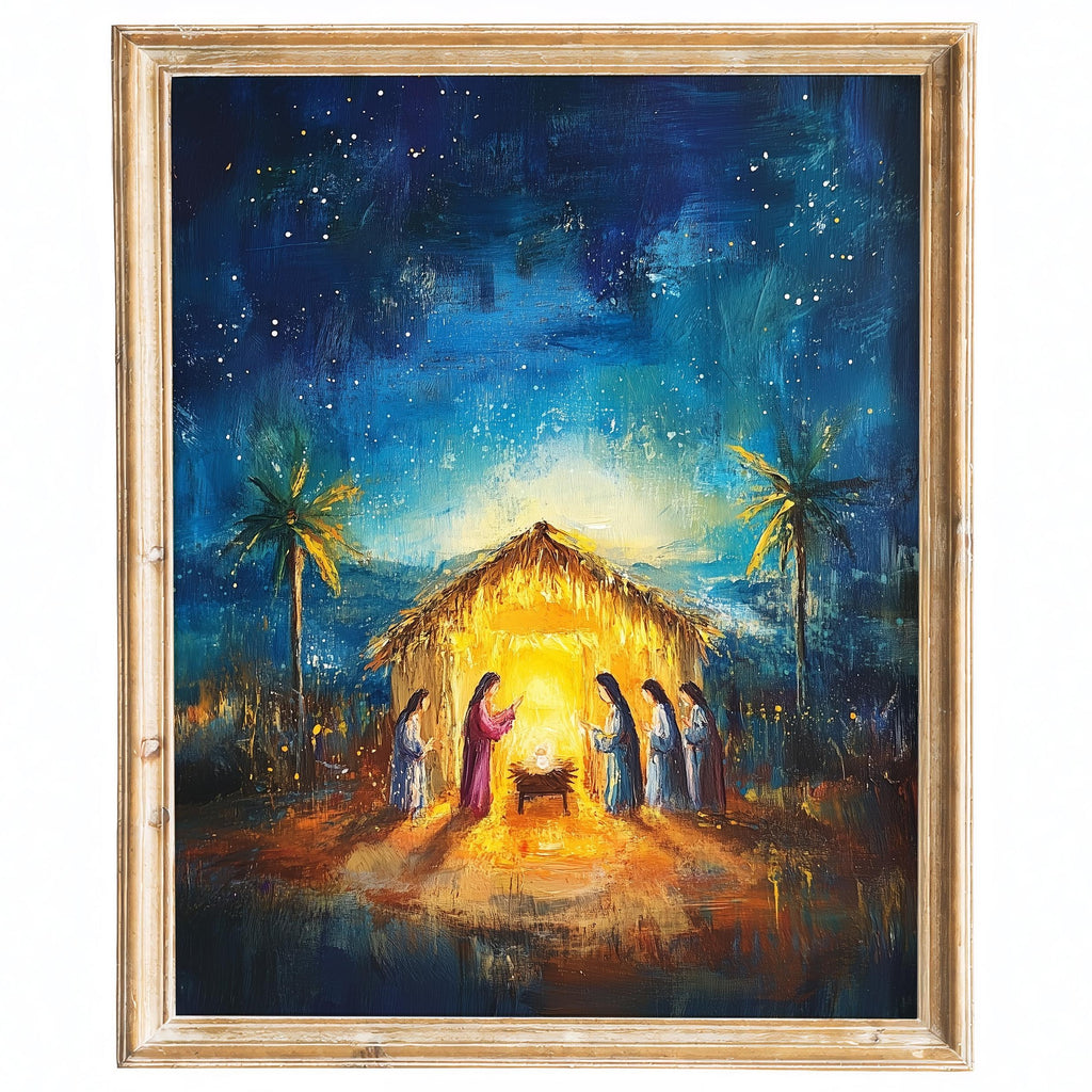 Starry Nativity Christmas art print framed