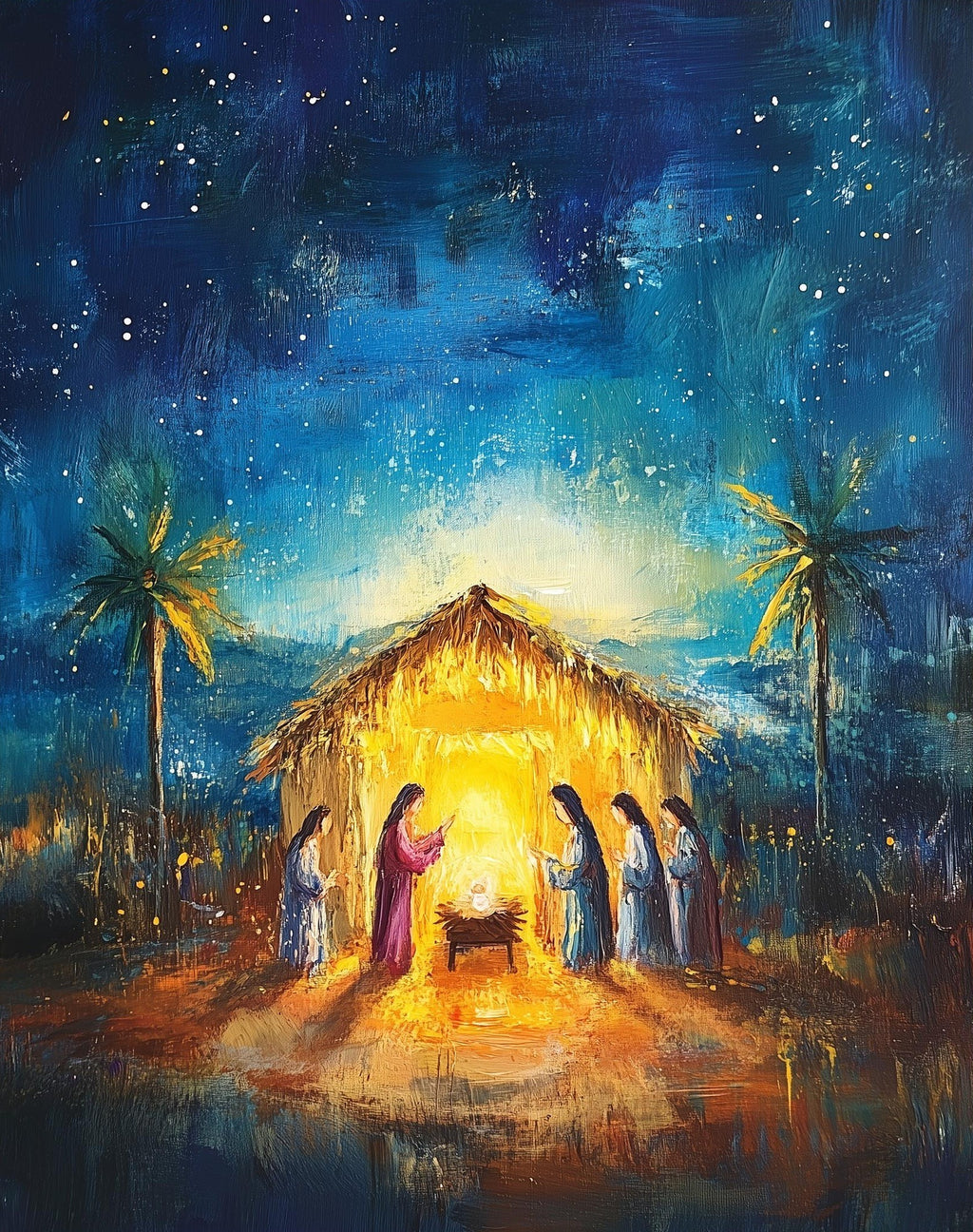 Starry Nativity Christmas art print unframed, signed by Pattie Overcash