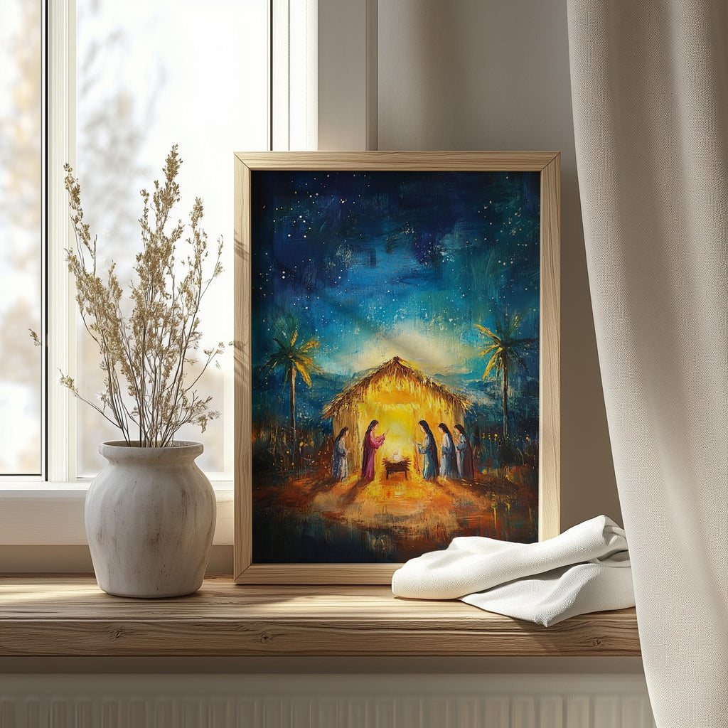 Starry Nativity Christmas art print shown in a room setting