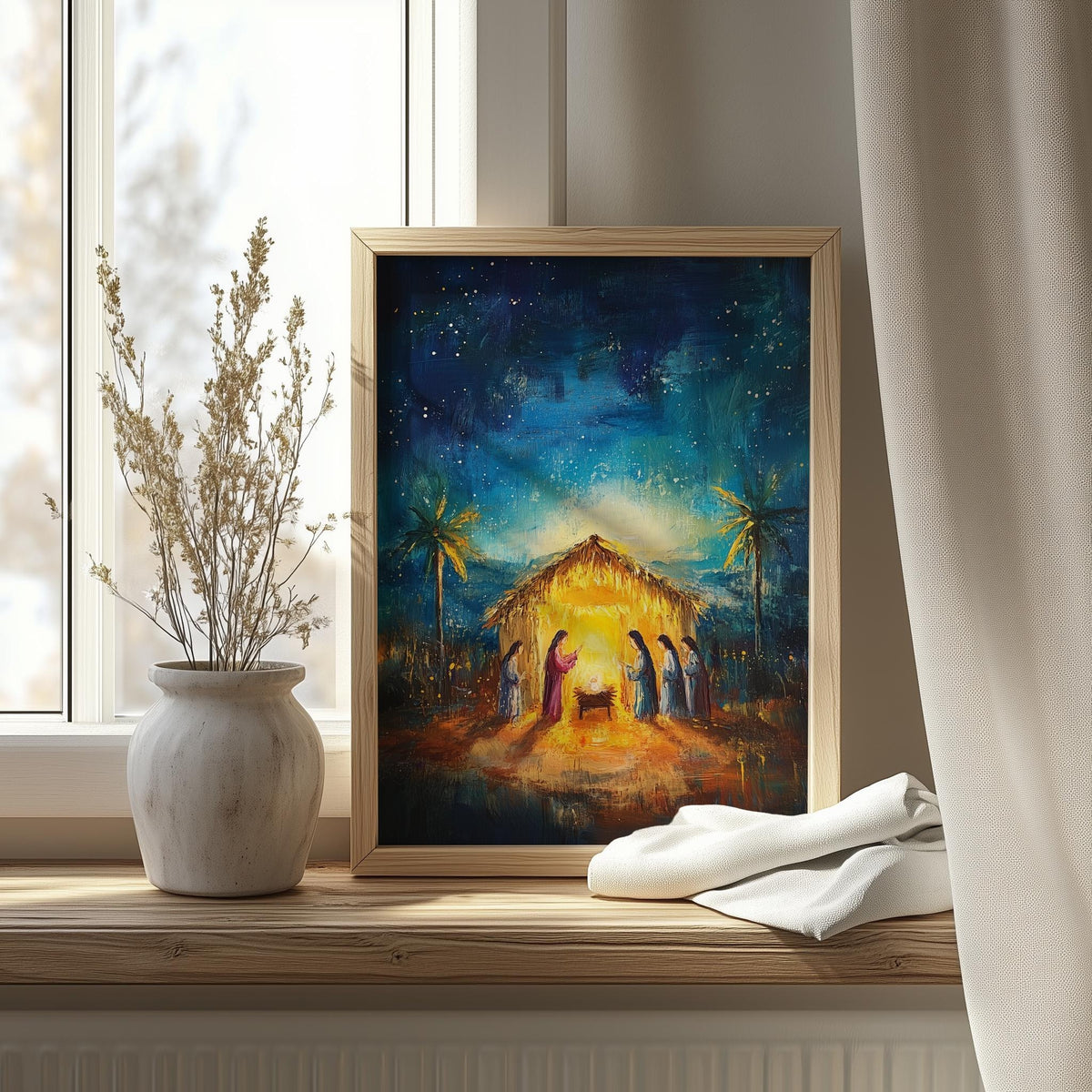 Starry Nativity Christmas art print shown in a room setting