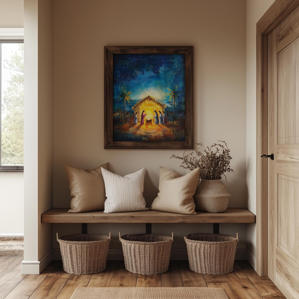 Starry Nativity Christmas art print shown in a room setting
