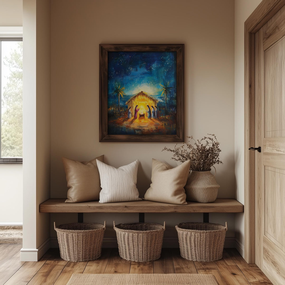 Starry Nativity Christmas art print shown in a room setting