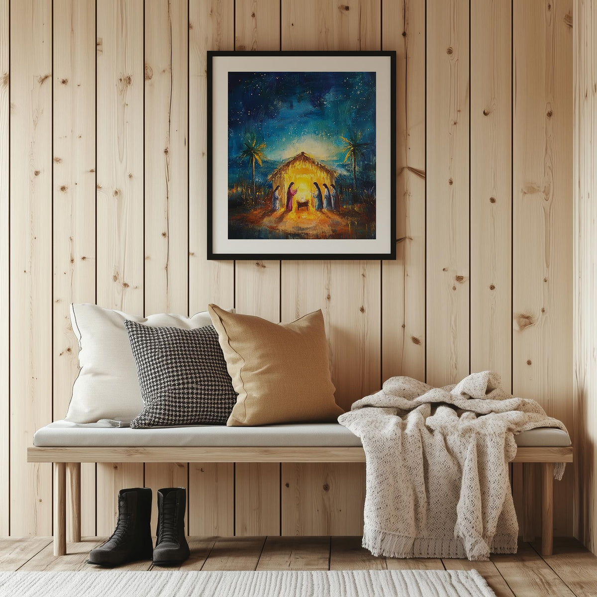 Starry Nativity Christmas art print shown in a room setting