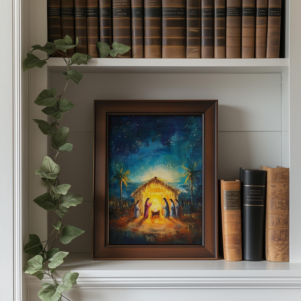 Starry Nativity Christmas art print shown in a room setting