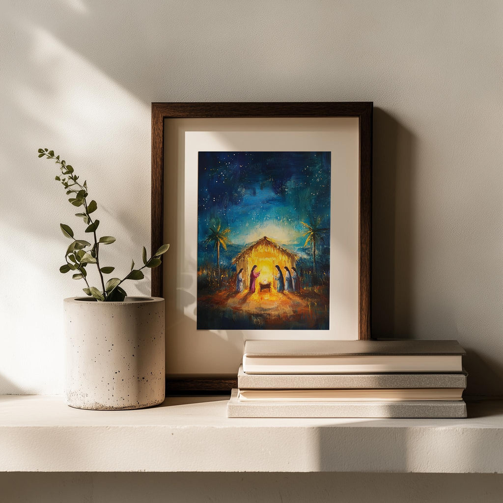 Starry Nativity Christmas art print shown in a room setting