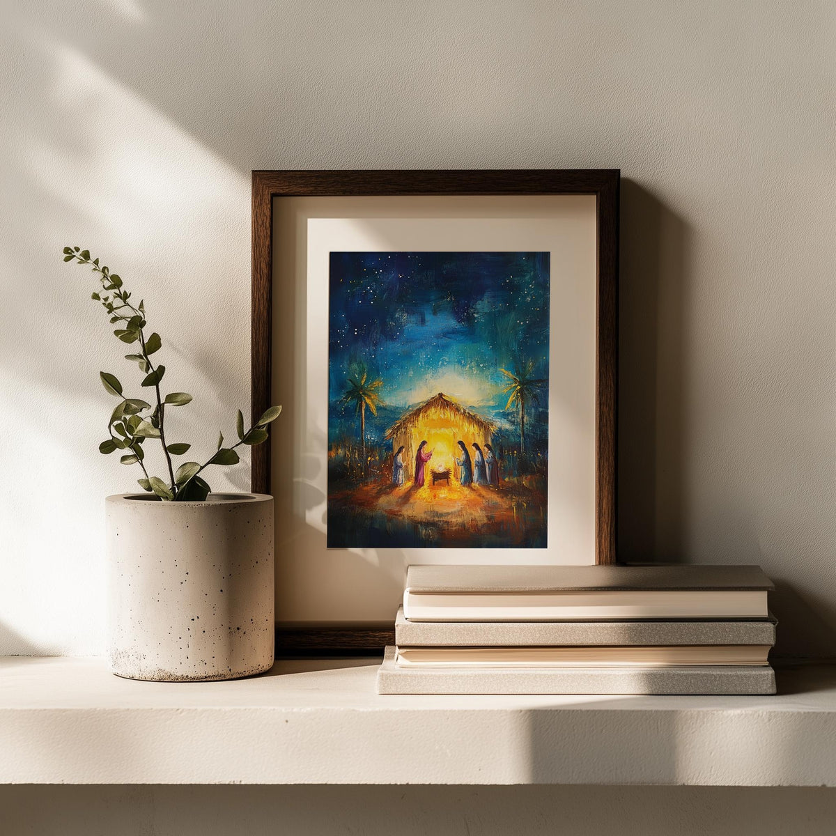 Starry Nativity Christmas art print shown in a room setting