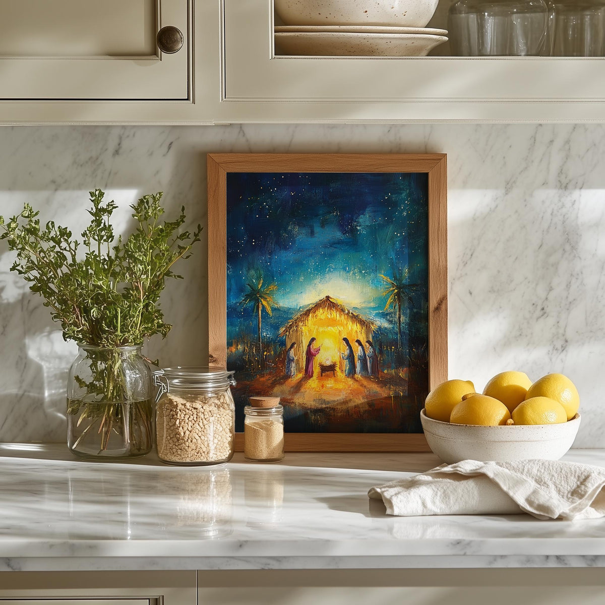 Starry Nativity Christmas art print shown in a room setting