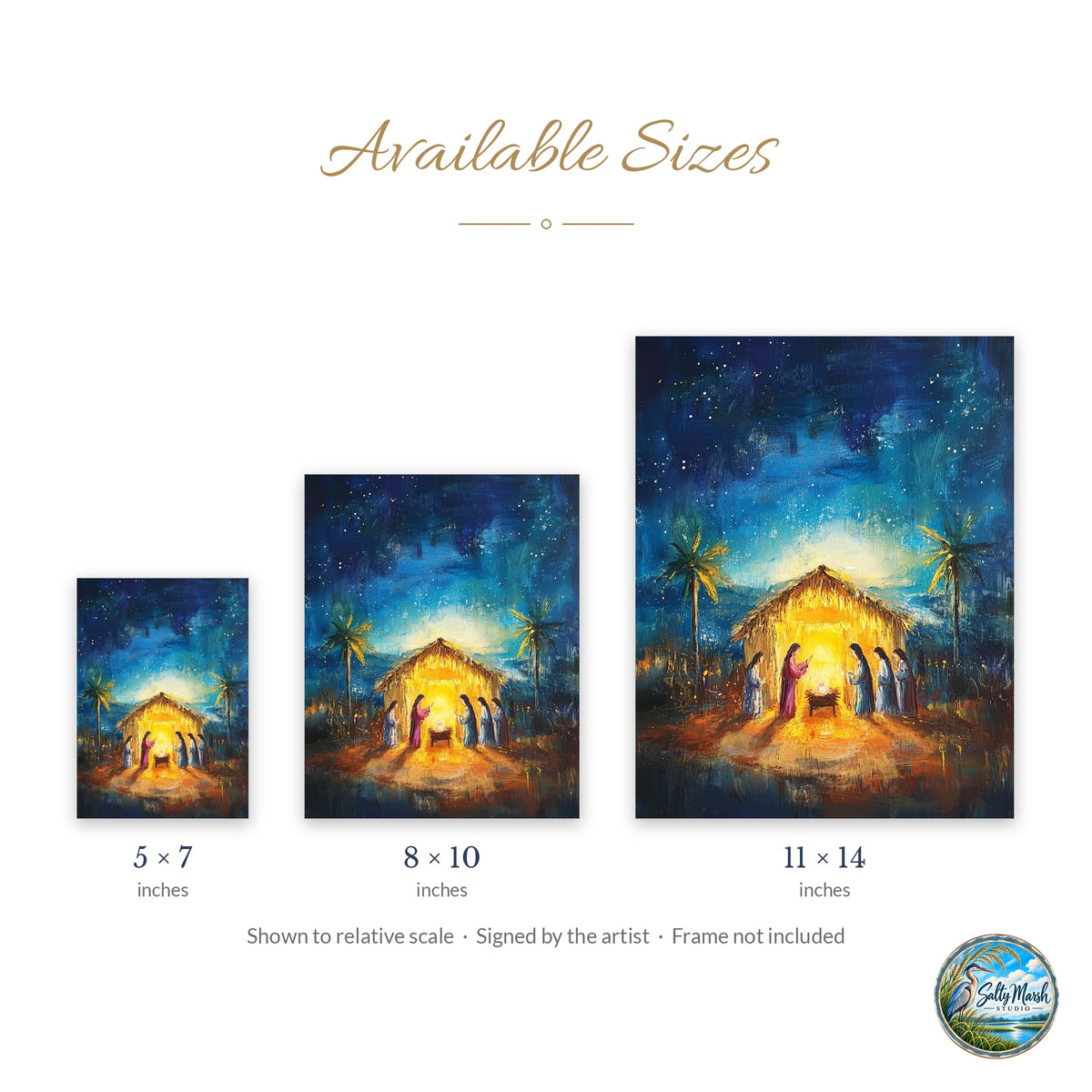 Starry Nativity art print size guide: 5x7, 8x10 and 11x14