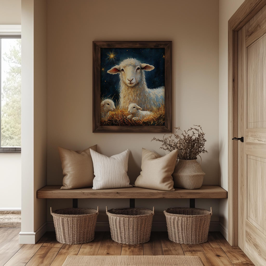 Nativity Sheep Christmas art print shown in a room setting