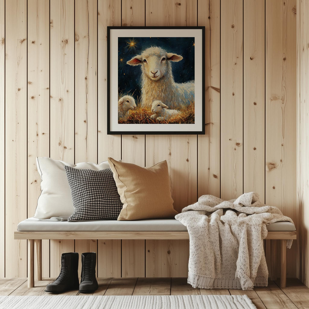 Nativity Sheep Christmas art print shown in a room setting