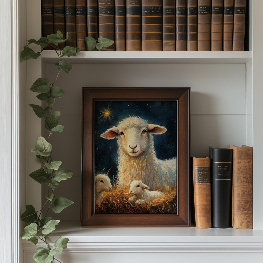 Nativity Sheep Christmas art print shown in a room setting
