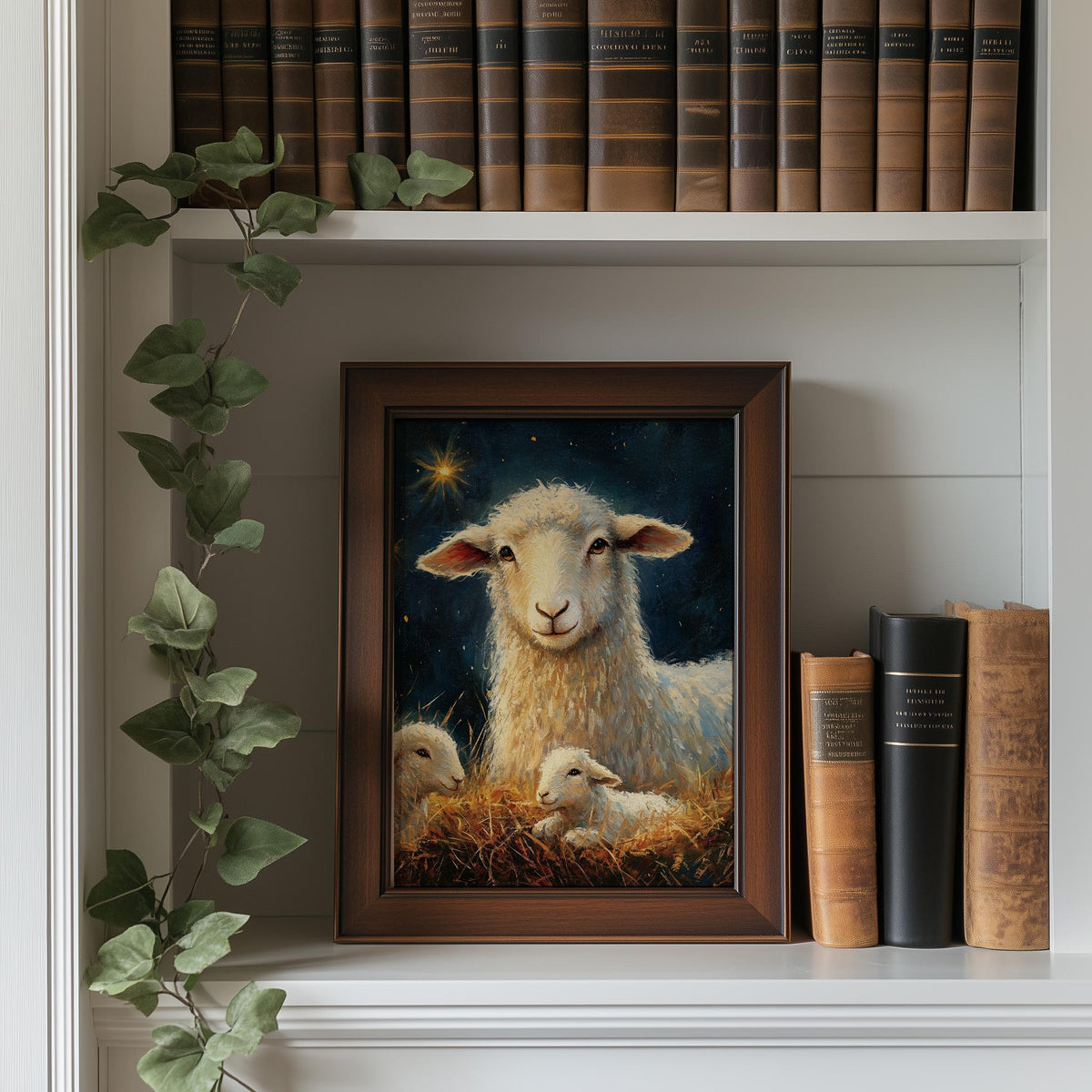 Nativity Sheep Christmas art print shown in a room setting