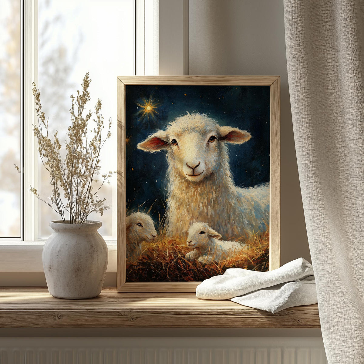 Nativity Sheep Christmas art print shown in a room setting