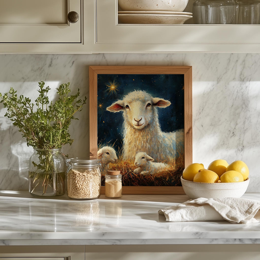 Nativity Sheep Christmas art print shown in a room setting
