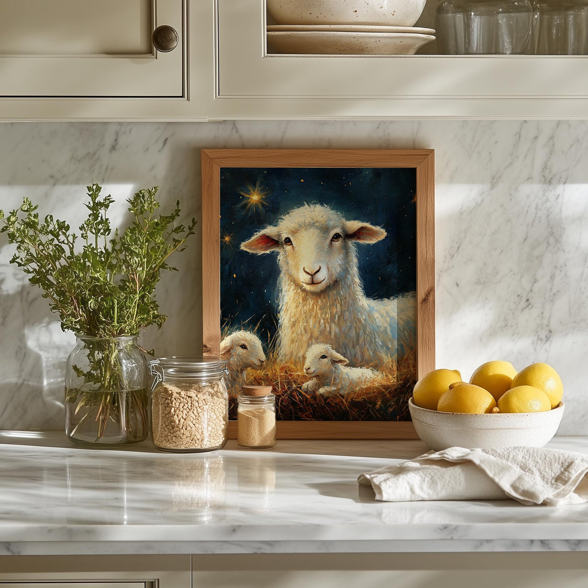 Nativity Sheep Christmas art print shown in a room setting