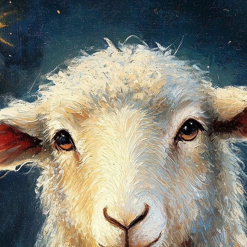 Nativity Sheep Christmas art print close-up detail
