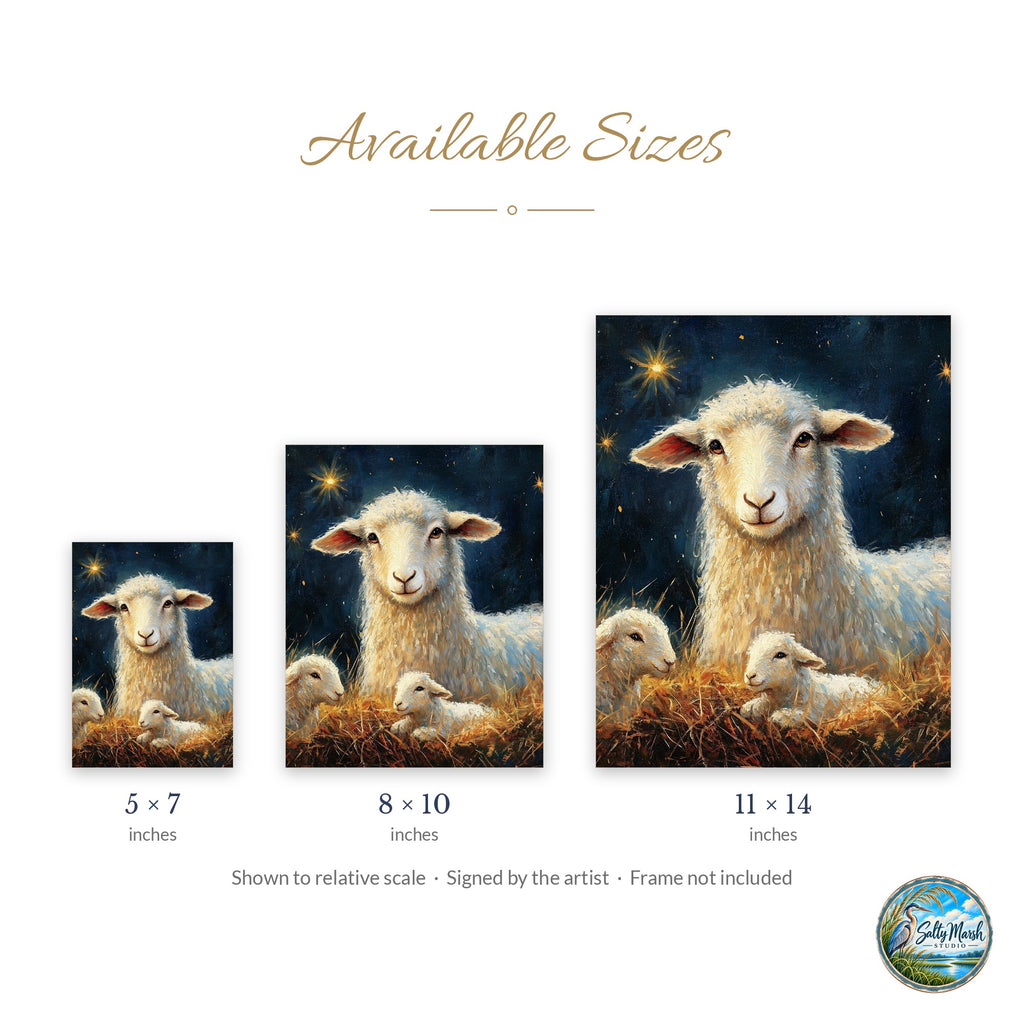 Nativity Sheep art print size guide: 5x7, 8x10 and 11x14