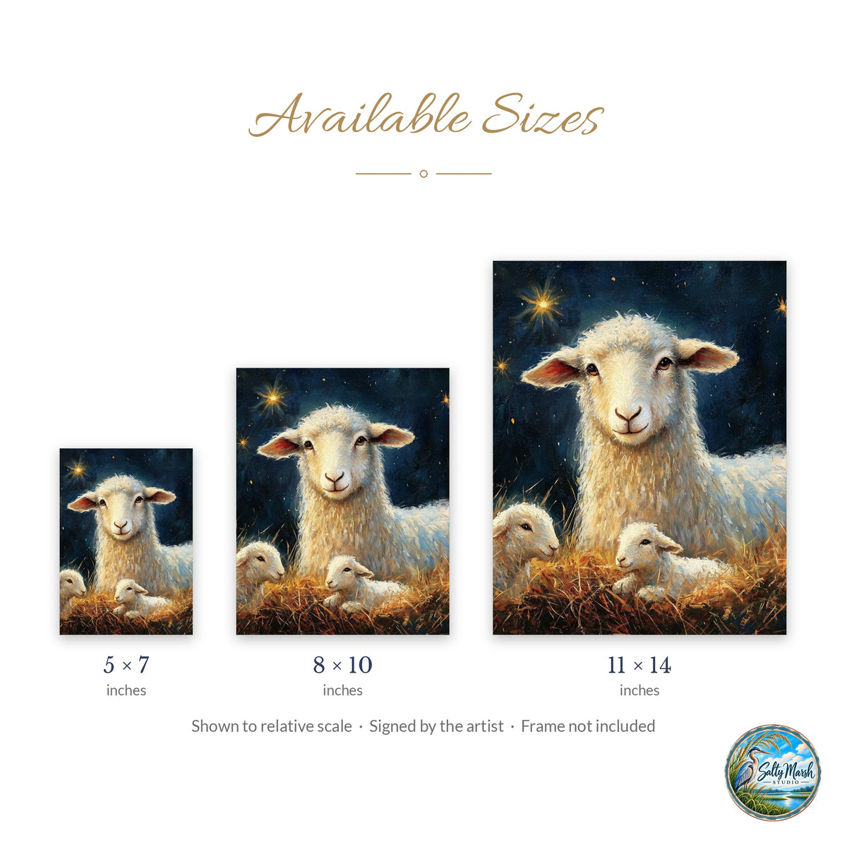 Nativity Sheep art print size guide: 5x7, 8x10 and 11x14