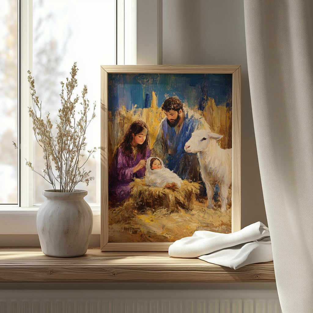 Holy Family Christmas art print shown in a room setting