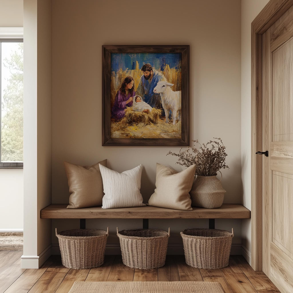 Holy Family Christmas art print shown in a room setting