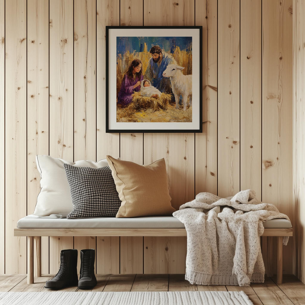 Holy Family Christmas art print shown in a room setting