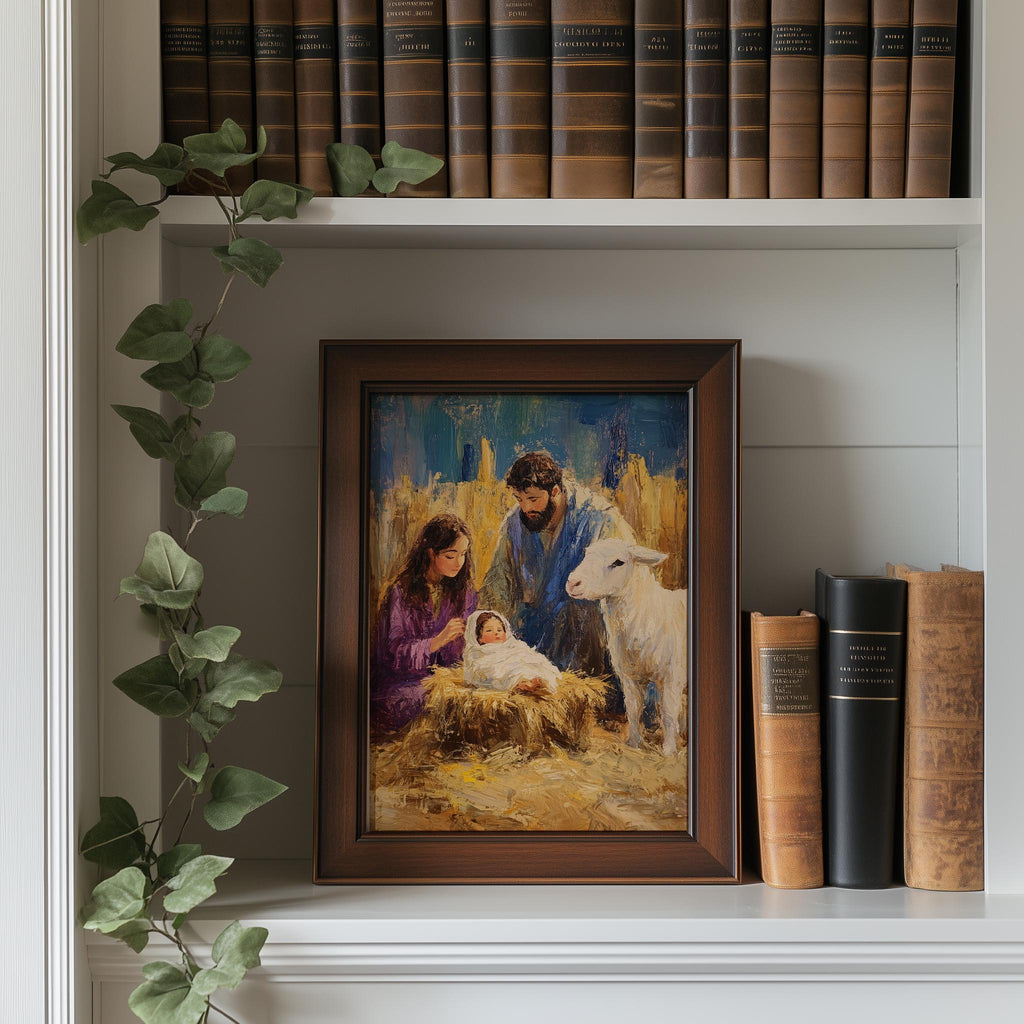 Holy Family Christmas art print shown in a room setting