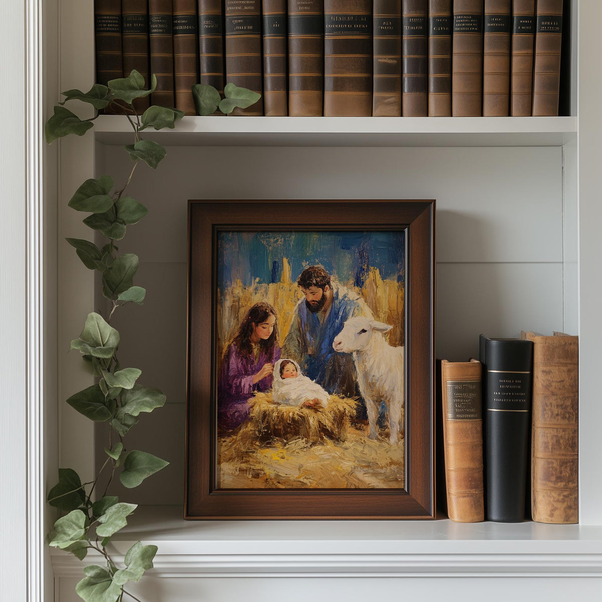 Holy Family Christmas art print shown in a room setting