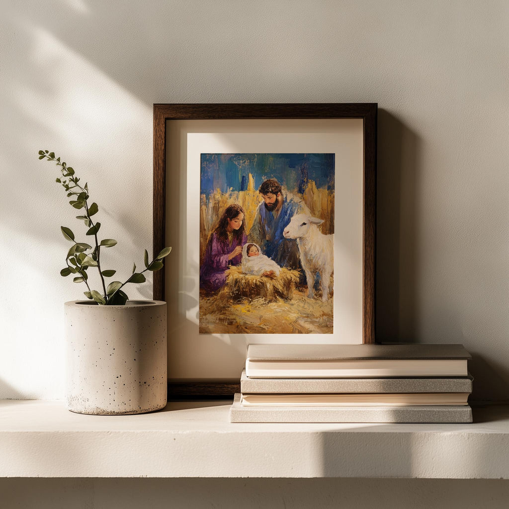 Holy Family Christmas art print shown in a room setting