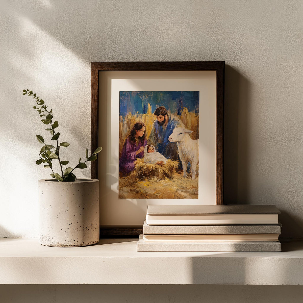 Holy Family Christmas art print shown in a room setting