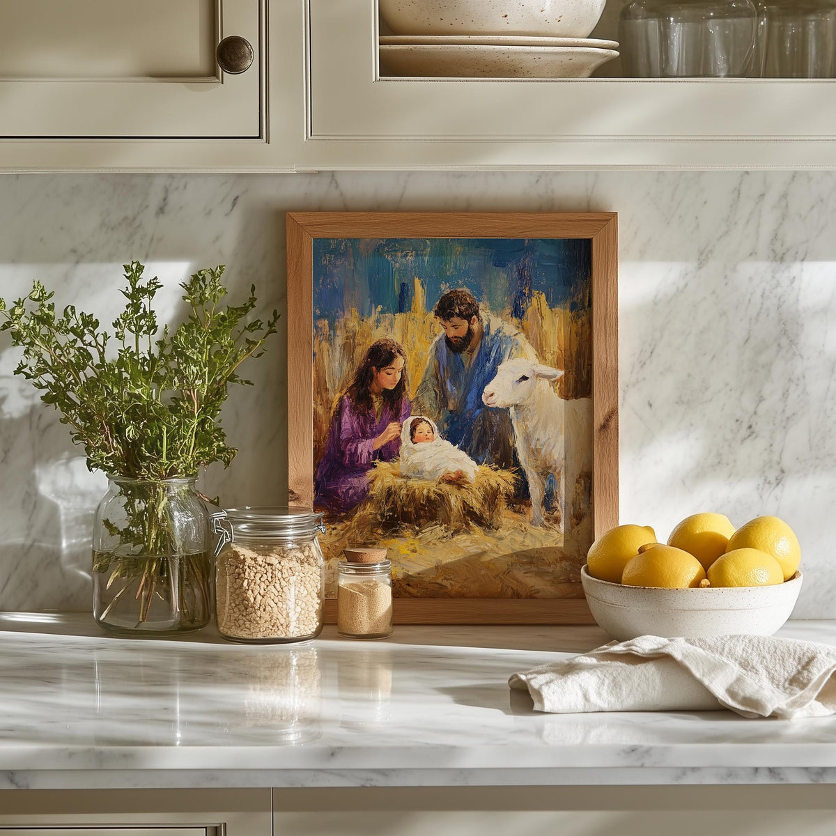 Holy Family Christmas art print shown in a room setting